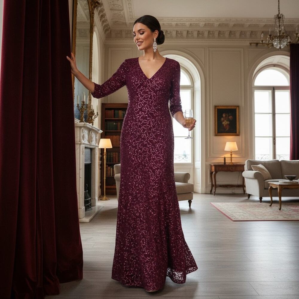 Tahari V-Neck Beaded Gown 5HD Wine Color, size 12, NWT